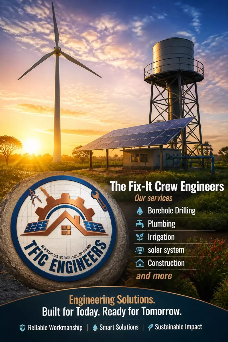Engineering company poster with wind turbine and solar panels