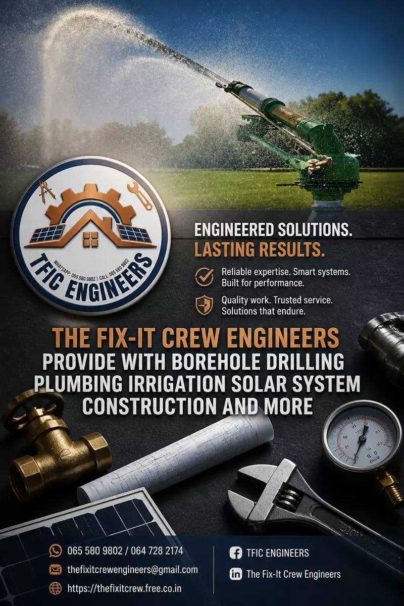 TFIC Engineers promotional flyer with irrigation sprinkler