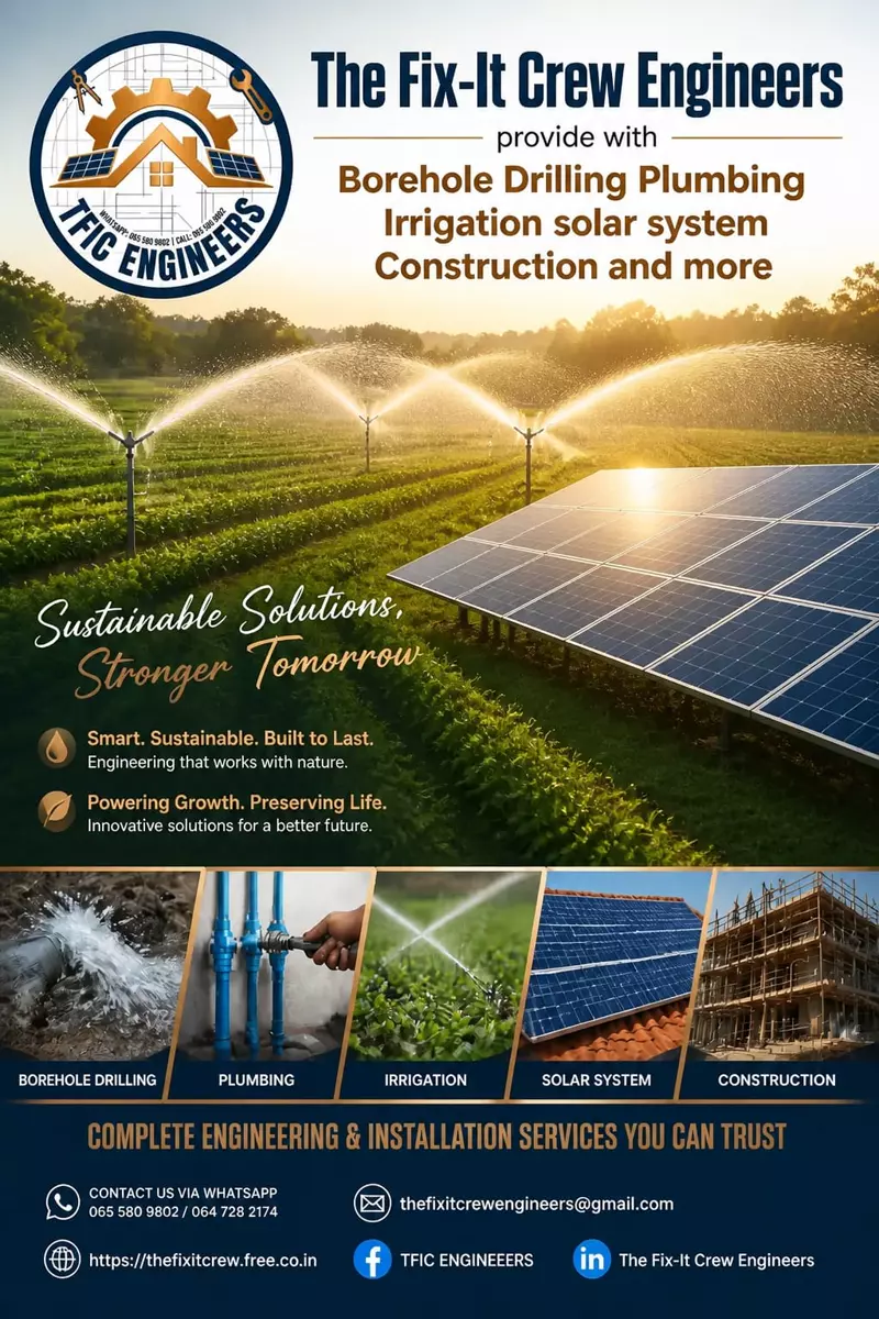 The Fix-It Crew Engineers flyer with solar panels and sprinklers