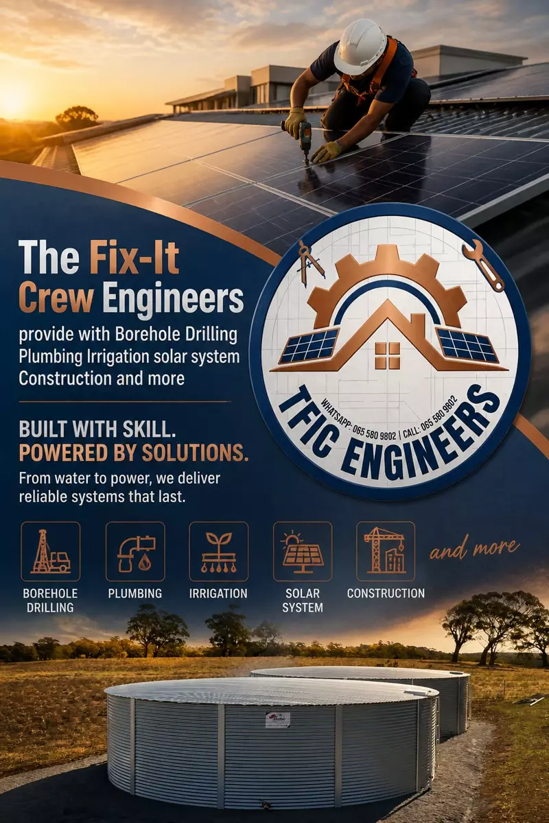 The Fix-It Crew promotional flyer with solar panels and water tanks