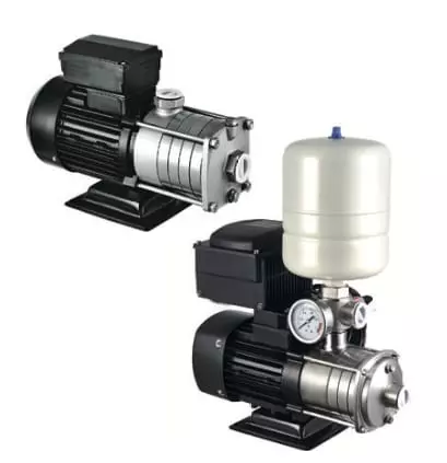 Two industrial water pumps on a white background