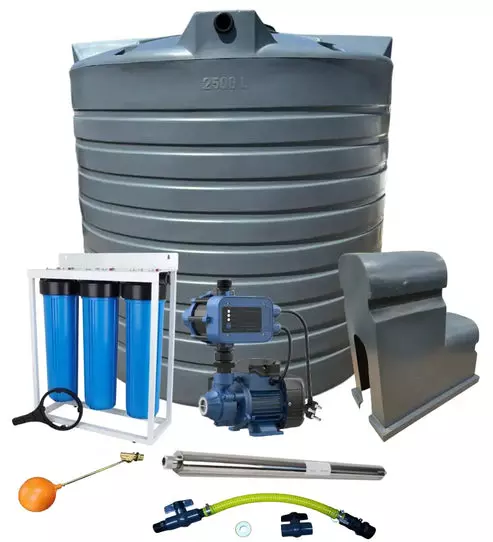 Water storage tank with filters, pump and plumbing accessories