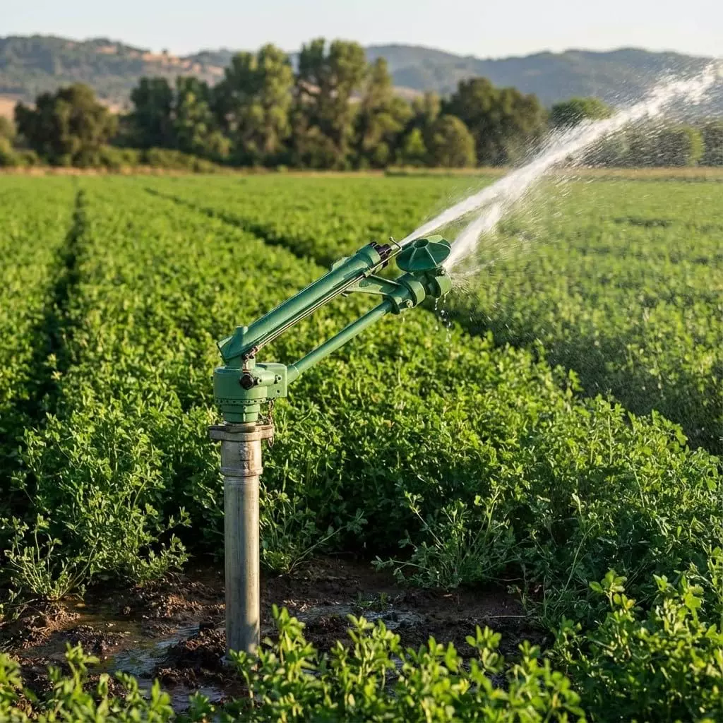 Green irrigation sprinkler watering a crop field